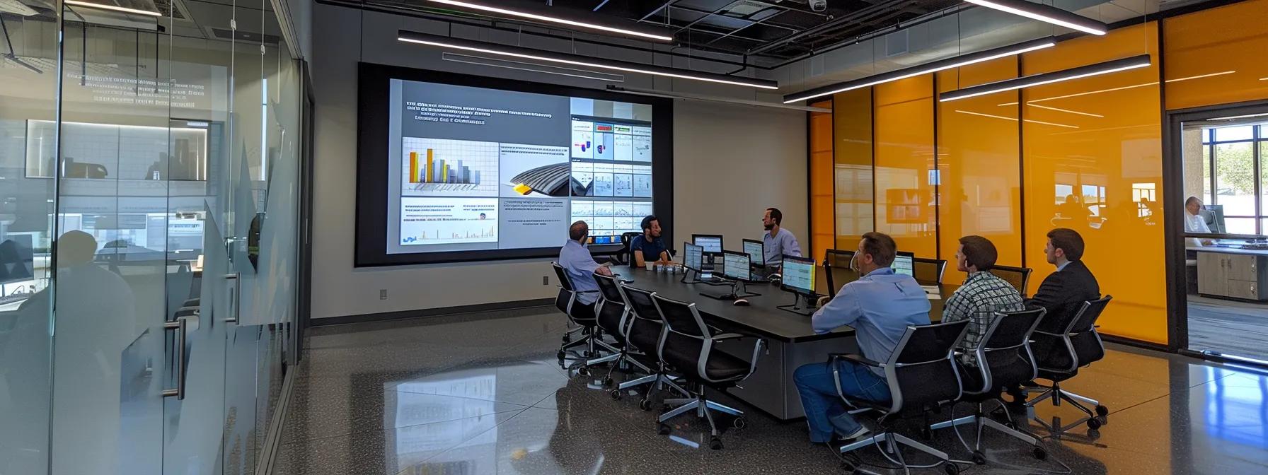 a modern office conference room features a sleek presentation screen displaying a comparison chart of asphalt shingle and metal roofing maintenance requirements, with an engaged group of professionals attentively discussing the pros and cons under bright, focused lighting.
