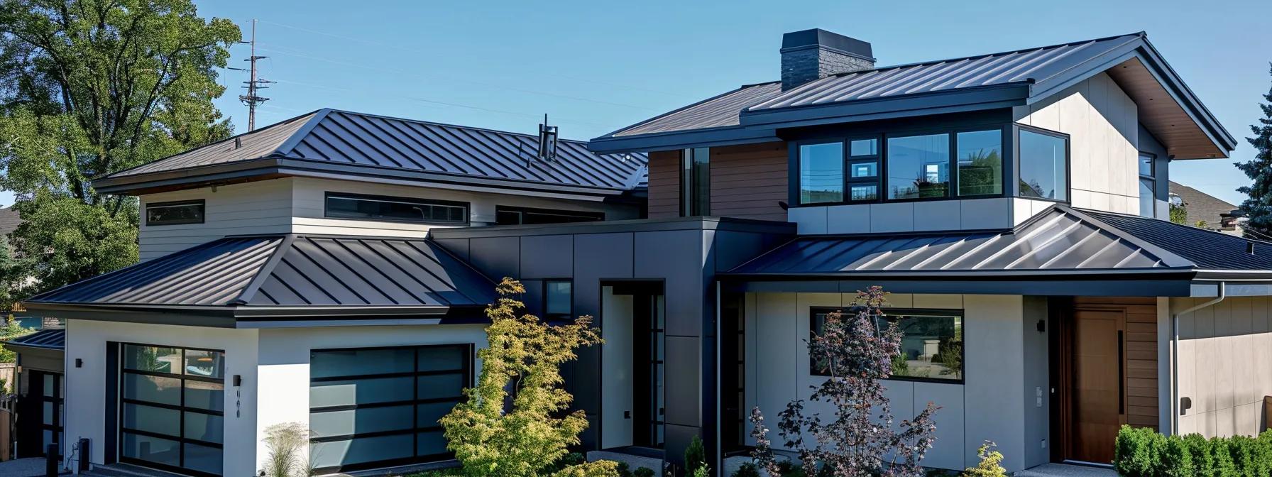 a stylish urban setting showcases two contemporary homes side by side, one adorned with sleek metal roofing reflecting the sunlight and the other featuring textured asphalt shingles in a harmonious blend of colors, highlighting their aesthetic differences and design flexibility in modern architecture.