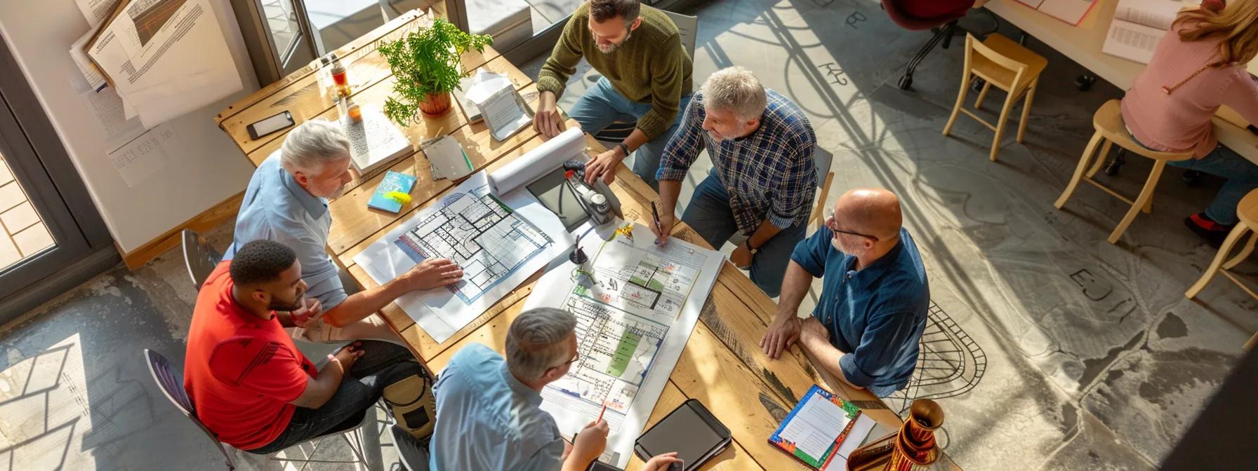 a bustling urban office setting features a diverse group of homeowners discussing roofing options with a professional contractor, surrounded by blueprints and colorful brochures, emphasizing the search for reliable roofing services and free estimates in lenawee county.