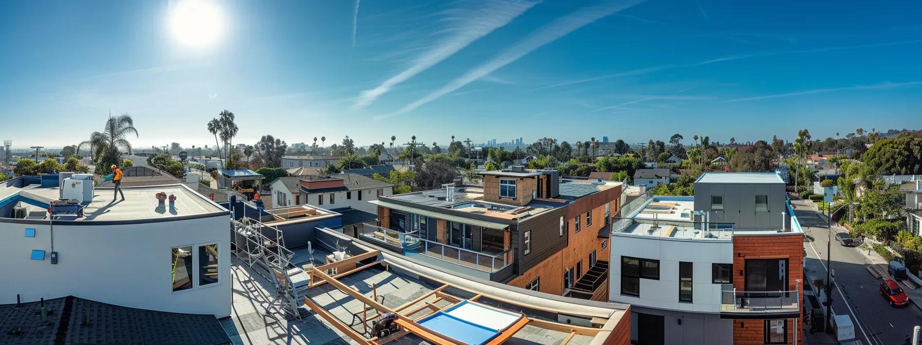 a dynamic urban rooftop scene showcases skilled contractors in action, equipped with tools and materials, as they expertly install a sleek new roof against a backdrop of modern houses and clear blue skies, emphasizing their commitment to quality and protection.