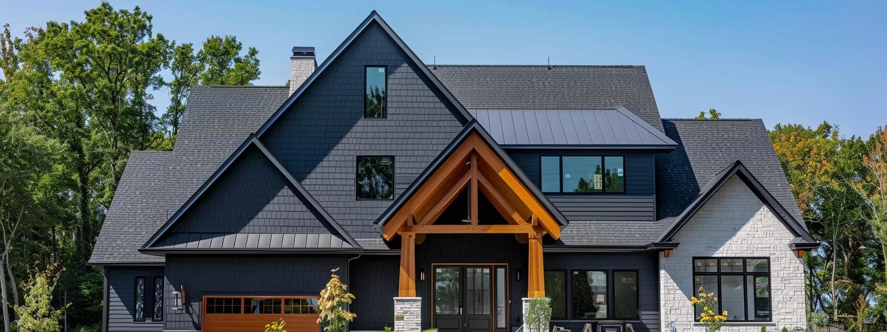a modern home in lenawee county showcases a professional roofer demonstrating shingle rejuvenation techniques, surrounded by vibrant roofing materials and tools, under a clear blue sky.