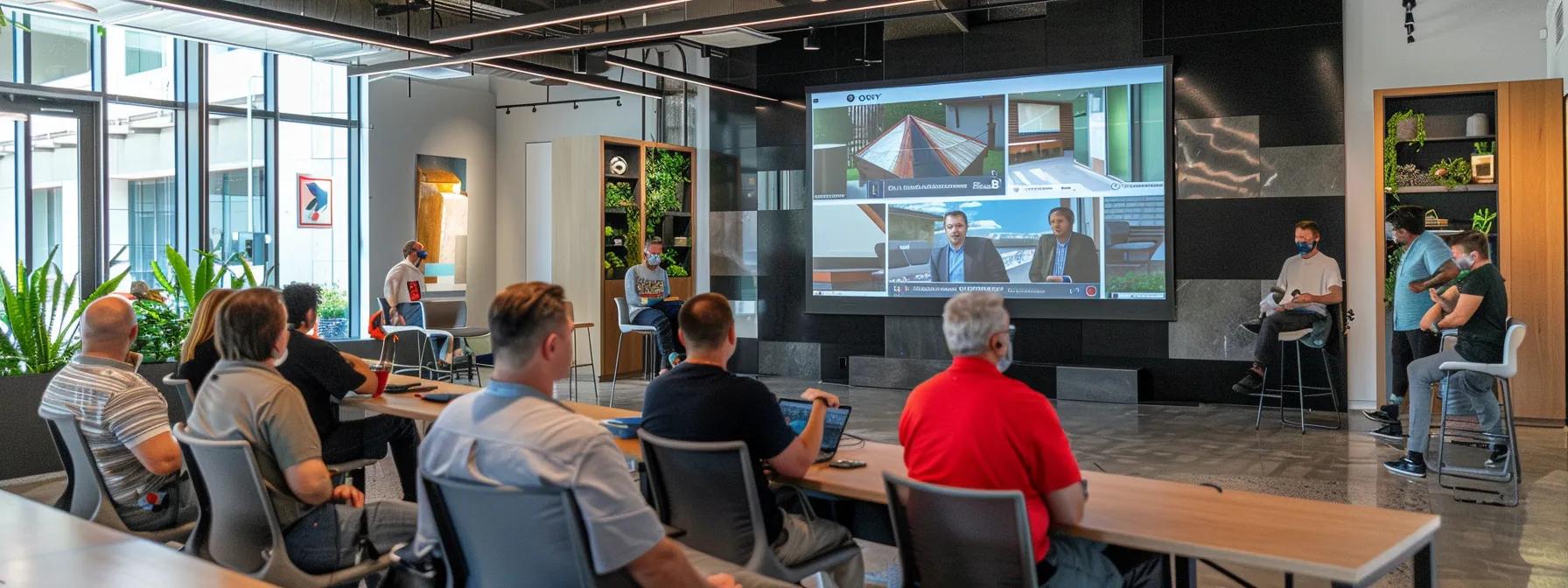a modern office setting features an engaged group of homeowners listening intently to a knowledgeable speaker at a seminar, as a visually engaging presentation on sustainable roofing myths is displayed on a large screen behind them.