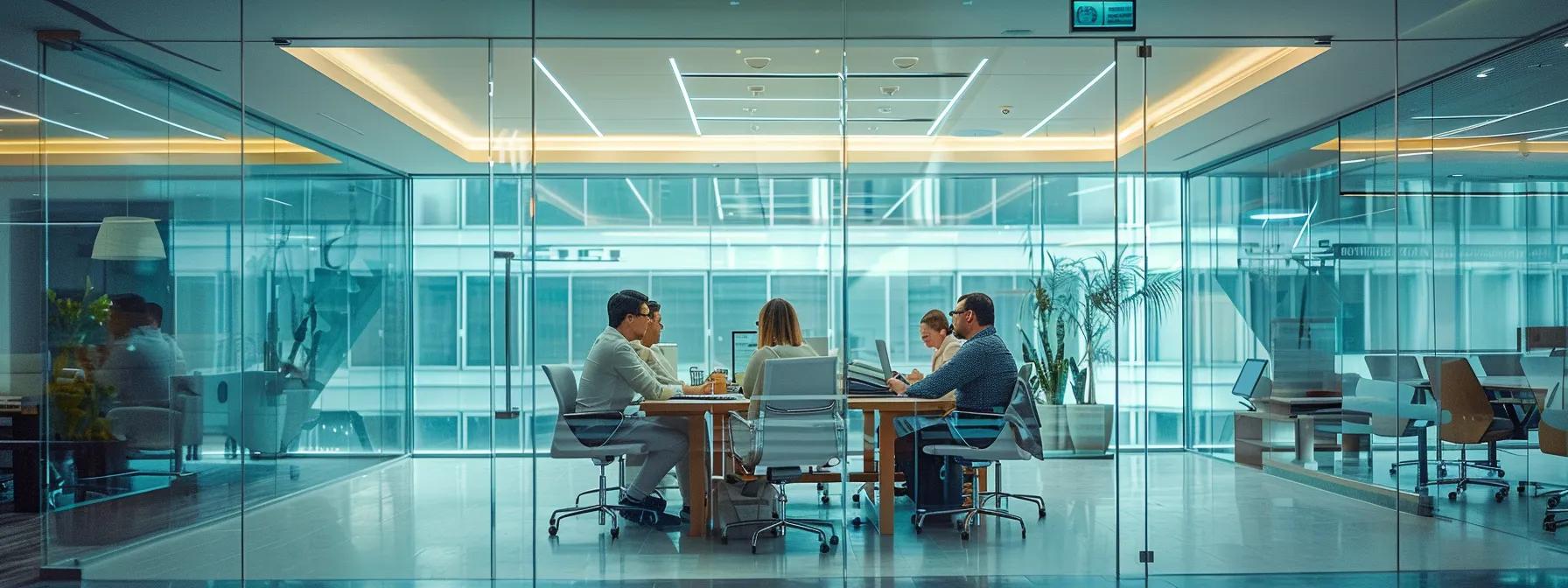a modern office setting features a focused group of professionals engaged in a strategic meeting, analyzing construction plans and discussing roofing contractor qualifications, illuminated by sharp overhead lighting and marked by sleek furniture and digital devices.