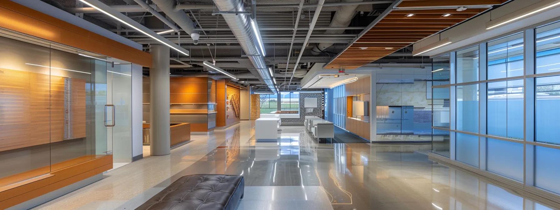 a modern office showcase features a sleek roofing materials display wall, highlighting innovative and sustainable roofing options under bright, professional lighting, conveying a sense of eco-conscious efficiency and superior quality.