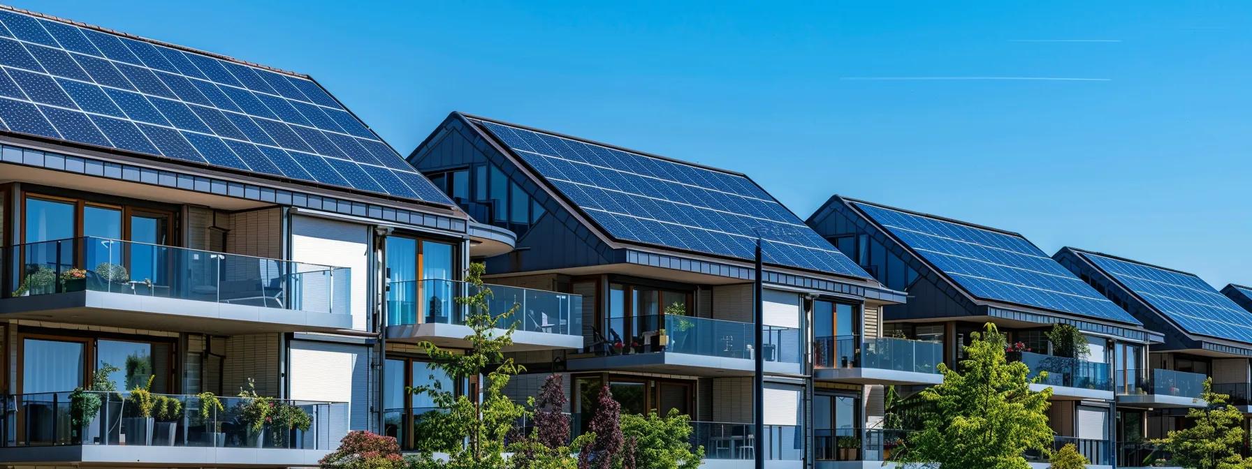 a modern residential rooftop adorned with sleek, reflective solar panels under a clear blue sky, highlighting the financial benefits of sustainable roofing for homeowners in an urban neighborhood.