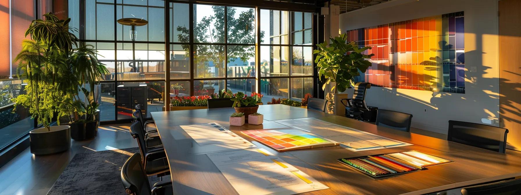 a modern roofing contractor's office showcases a detailed project estimate on a sleek conference table, surrounded by samples of diverse roofing materials and vibrant color swatches, illuminated by warm, focused lighting to emphasize professionalism and transparency in pricing.