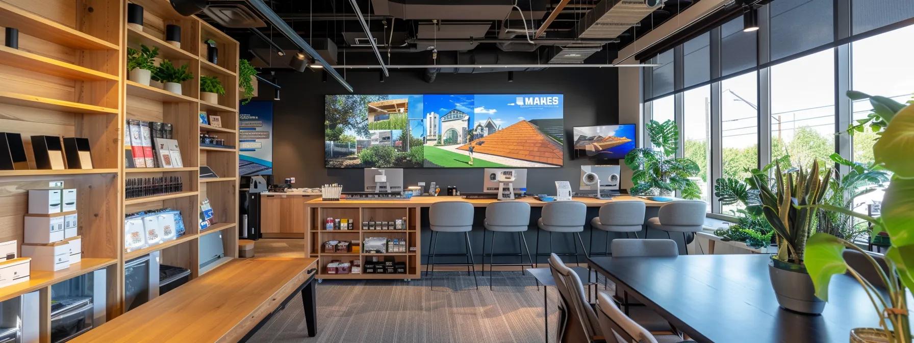 a modern urban roofing company office, featuring sleek design elements and a large digital display showcasing vibrant images of shingle rejuvenation projects, with a backdrop of various roofing materials and tools neatly organized on shelves.
