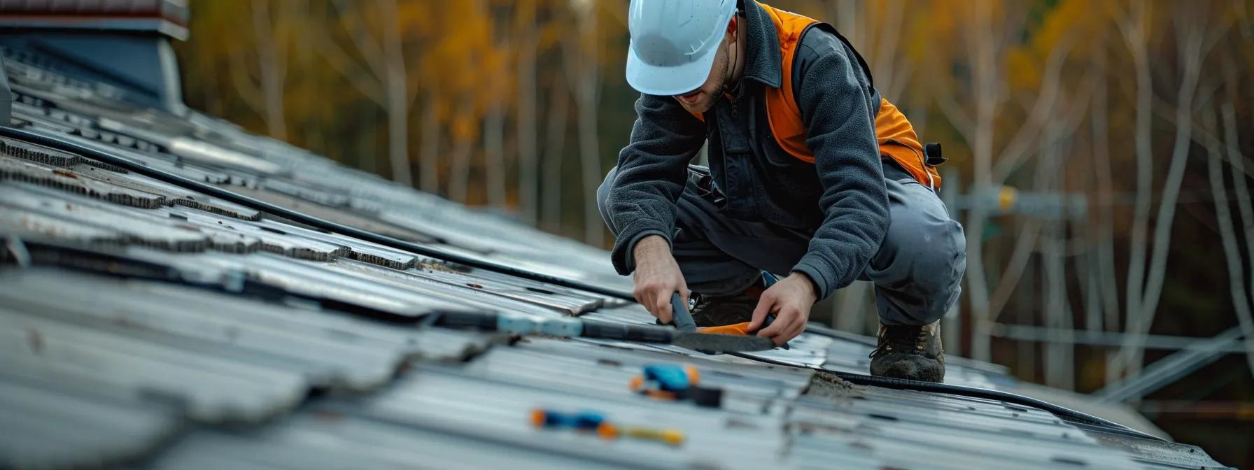 a professional inspector meticulously examines the surface of a sturdy roof in a well-maintained urban setting, highlighting tools and equipment that emphasize the importance of routine maintenance for extending the roof's lifespan.