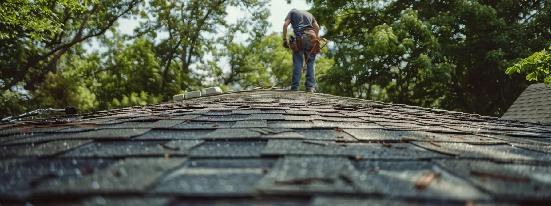 a professional roofer inspects an aged asphalt roof in lenawee county, showcasing a well-organized workspace with tools and restoration materials carefully arranged, emphasizing the shingle rejuvenation process.