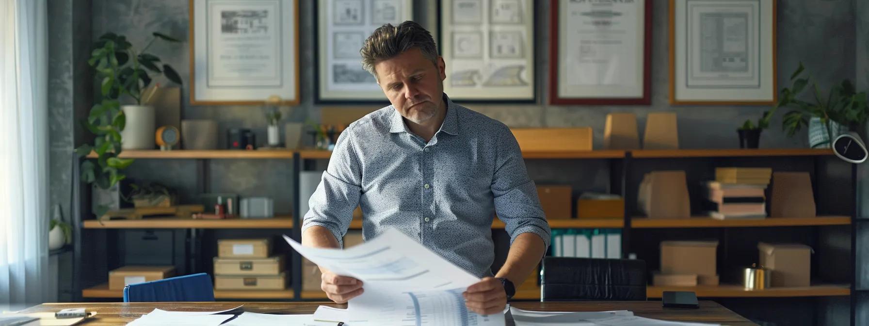 a professional roofing contractor stands confidently in an urban office environment, reviewing detailed construction plans and showcasing samples of high-quality roofing materials, with a wall behind displaying framed certificates and accolades.
