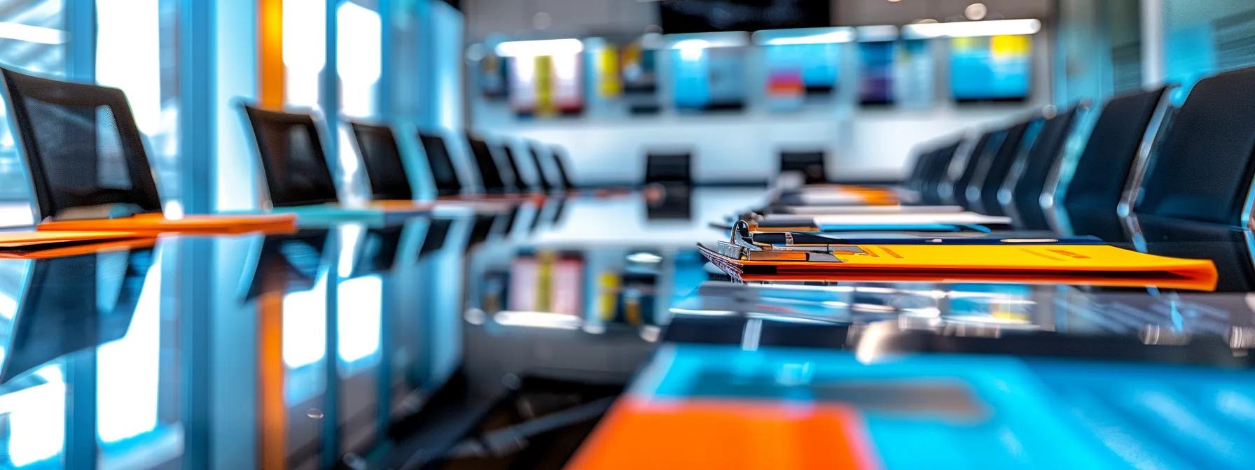 a close-up view of a modern office conference room, featuring a sleek table covered with samples of diverse roofing materials, each labeled with vibrant tags indicating cost, durability, and efficiency, under the bright glare of overhead led lights.