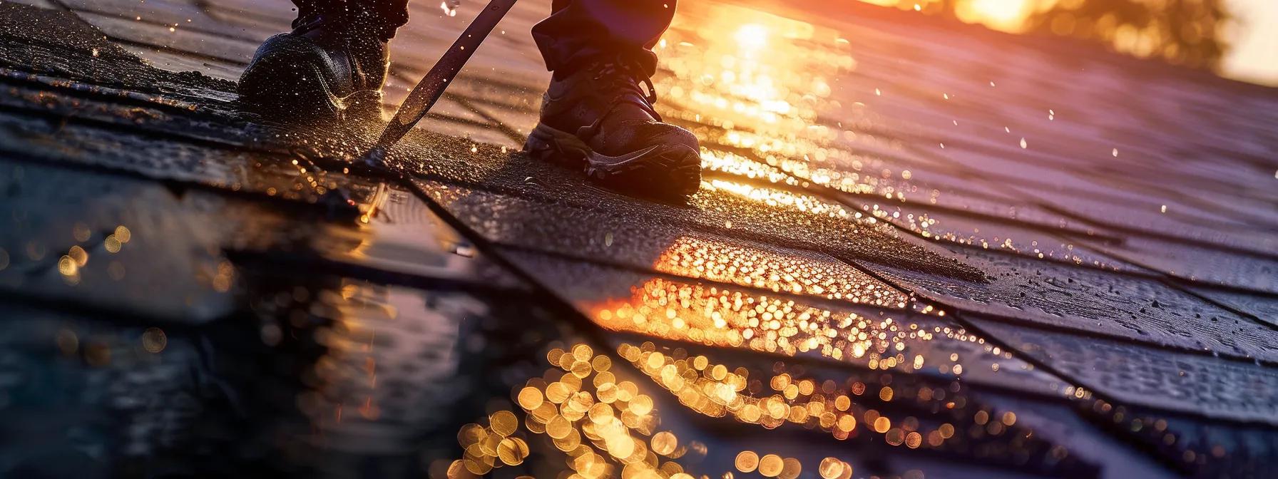 a close-up view of a technician applying a glossy protective sealant on a modern asphalt shingle roof, showcasing vibrant reflections under the bright artificial lighting of an urban rooftop setting.