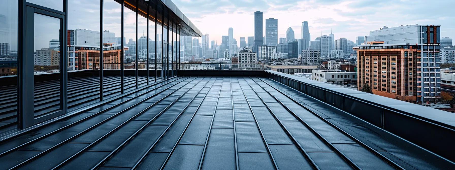 a close-up view of a sleek urban rooftop, showcasing a variety of roofing materials—like shingles, tiles, and metal panels—arranged side by side, with a dramatic city skyline in the background hinting at durability and longevity in modern architecture.