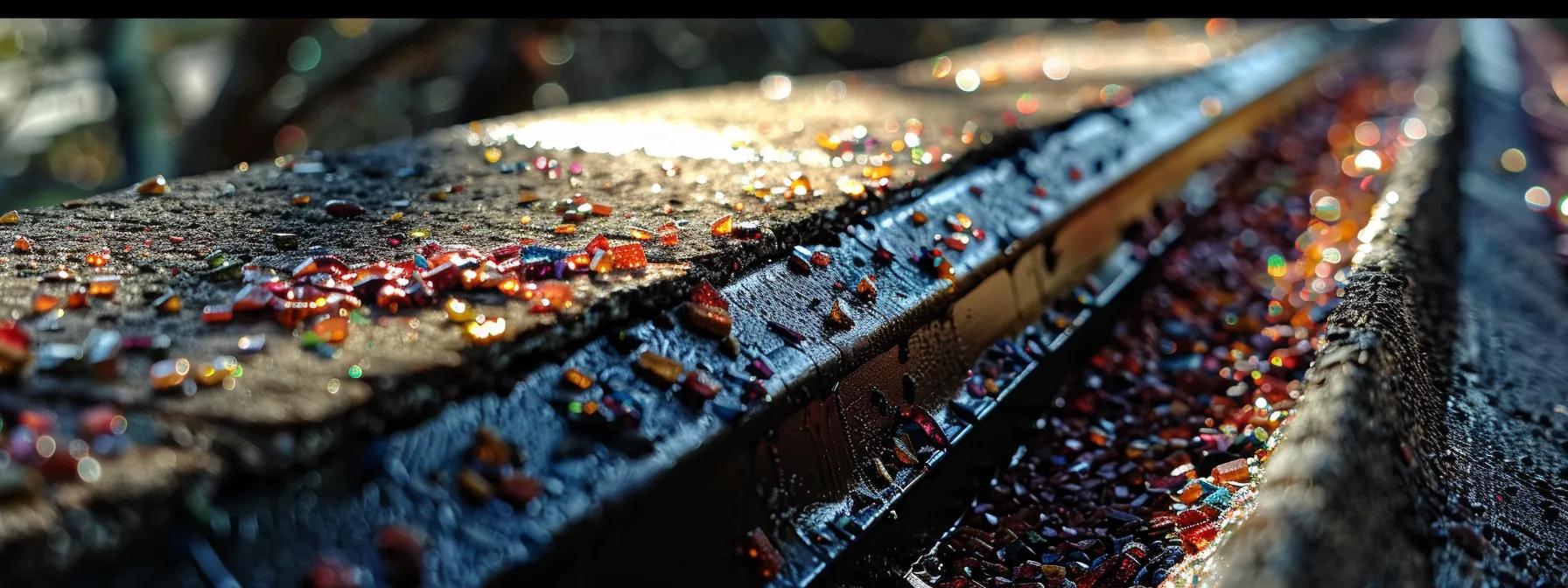 a close-up shot of a weathered asphalt shingle roof, prominently displaying a stream of colorful granules spilling into an adjacent, empty gutter, highlighted by harsh overhead lighting to emphasize the signs of deterioration and the urgency of roof maintenance.