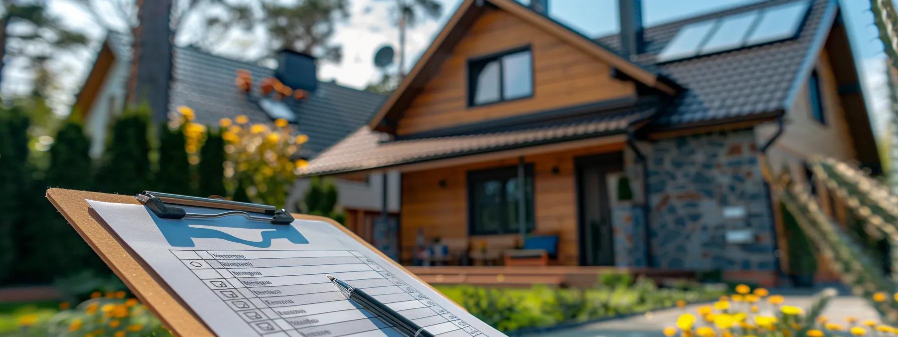 a detailed view of a modern urban home showcasing a newly installed roof, complete with a checklist of post-replacement care instructions and warranty details prominently displayed on a stylish clipboard against a sleek outdoor backdrop.