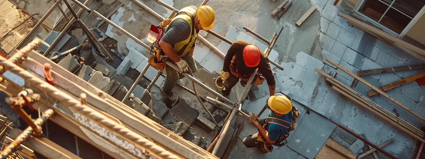 a dynamic construction site showcases skilled professionals in hard hats and safety gear meticulously removing old roofing materials from a residential building, with scaffolding and tools neatly arranged around them, conveying an atmosphere of precision and teamwork in the roof removal and installation process.