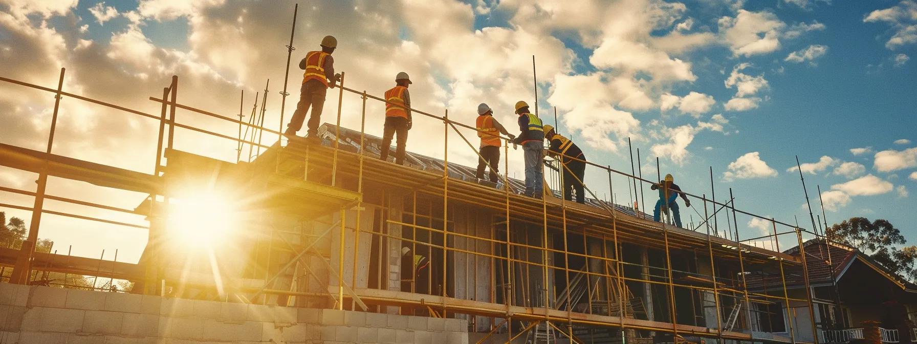 a dynamic construction site showcases skilled workers methodically installing a new roof, featuring layered materials and tools against a backdrop of a partially completed residential home, illuminated by crisp, artificial lighting.