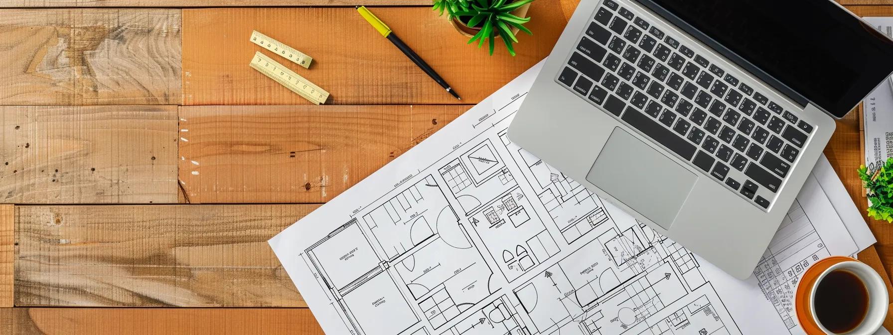 a meticulously arranged office desk with blueprints and building codes laid out next to a sleek laptop, emphasizing the crucial steps in ensuring compliance for roof installation projects.