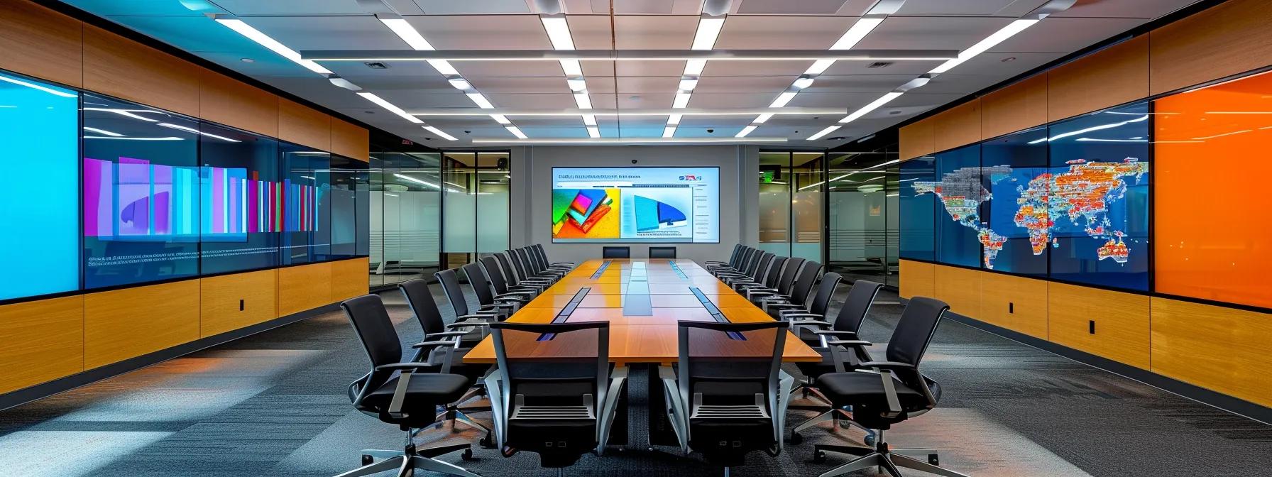 a modern office conference room, featuring a large table surrounded by sleek chairs, equipped with digital displays showcasing a colorful array of roofing materials and infographics addressing common faqs about costs and installation.
