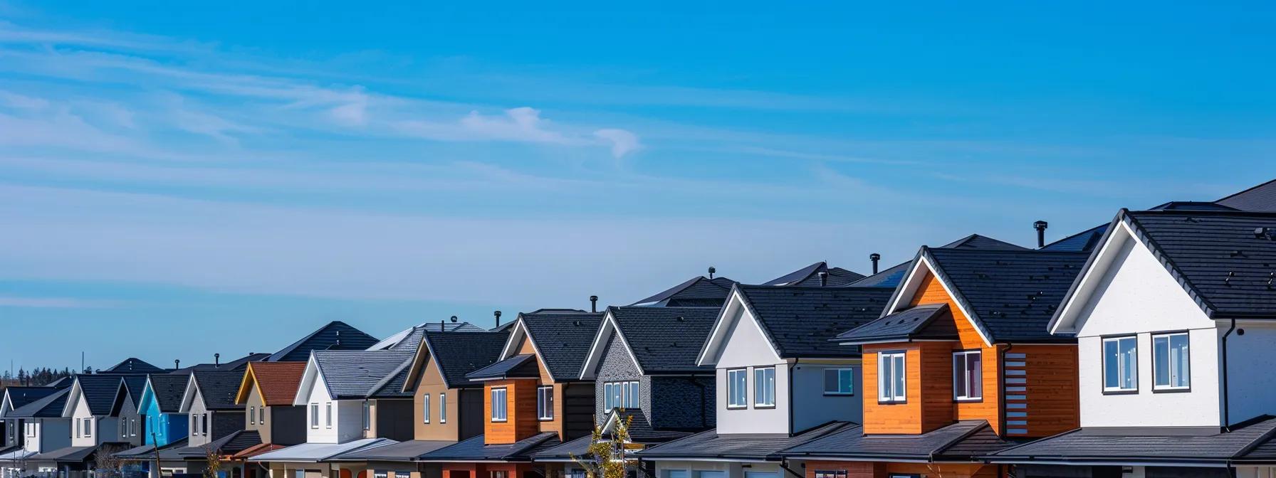a modern suburban neighborhood showcases a variety of sleek roofing styles, including asphalt shingles and metal panels, under a clear blue sky, highlighting the diverse choices homeowners are making in 2023.
