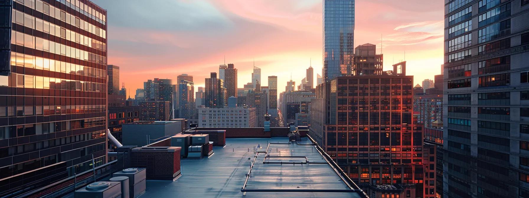 a modern urban rooftop installation showcases diverse eco-friendly roof coating options, highlighting various textures and colors against a sleek city skyline backdrop, illuminated by warm afternoon light.