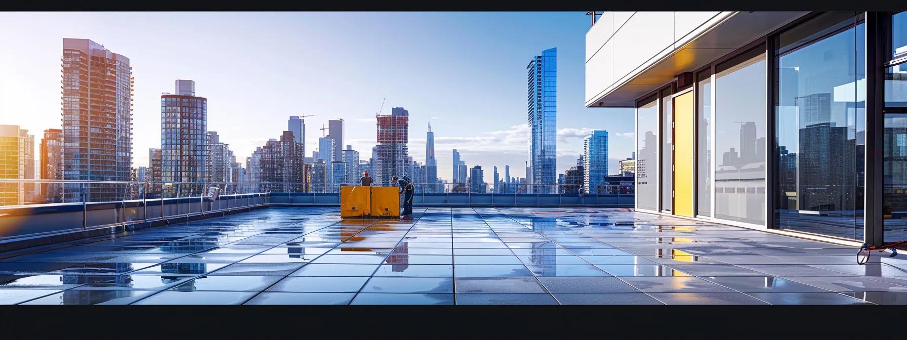 a modern urban rooftop showcases a professional team applying eco-friendly sealants and energy-efficient coatings, emphasizing sustainable practices in roof rejuvenation against a sleek city skyline backdrop.
