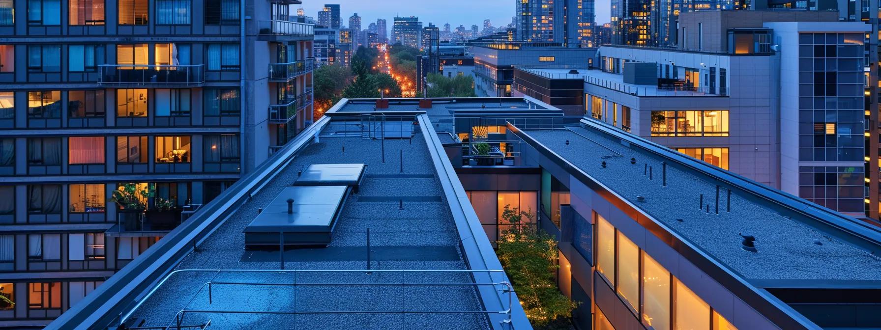 a modern urban rooftop showcasing contrasting sections of premium metal roofing with sleek insulation layers beside a more basic asphalt shingle roof, illuminated by cool artificial lighting to emphasize the differences in design and energy efficiency.