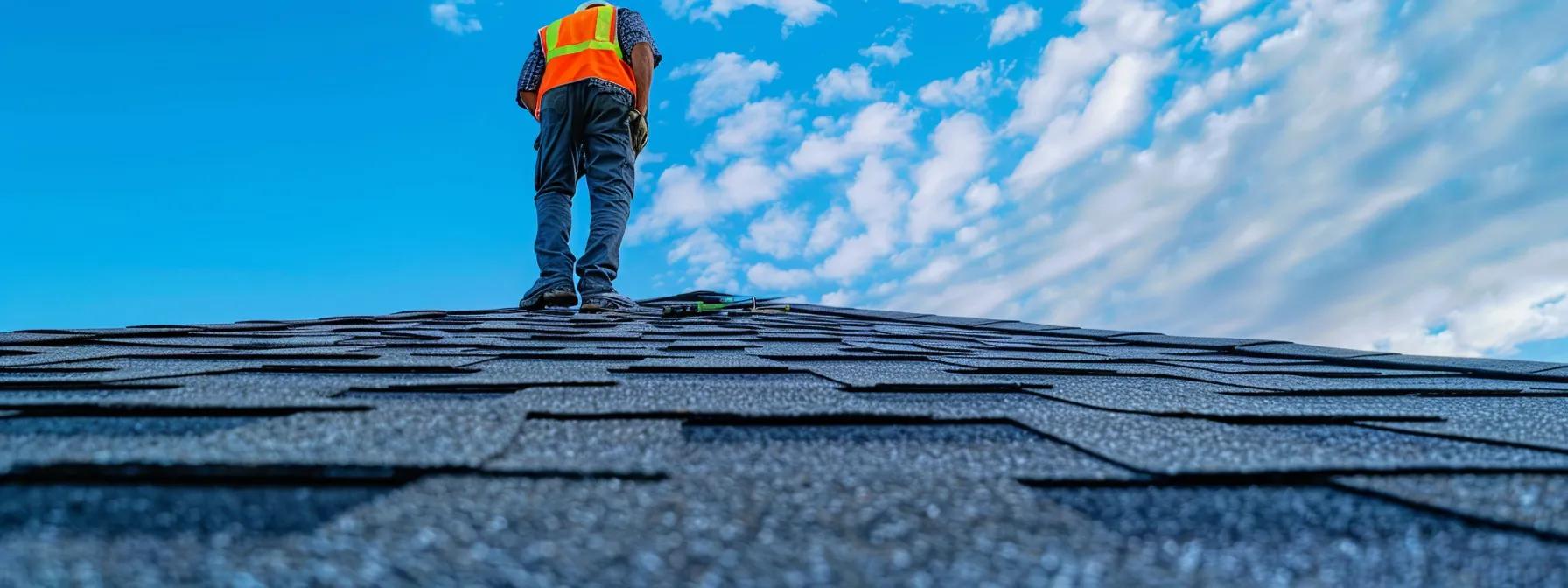 a professional roofer inspects a clean, well-maintained asphalt shingle roof against a clear blue sky, showcasing the effectiveness of advanced cleaning techniques and emphasizing the roof's longevity.