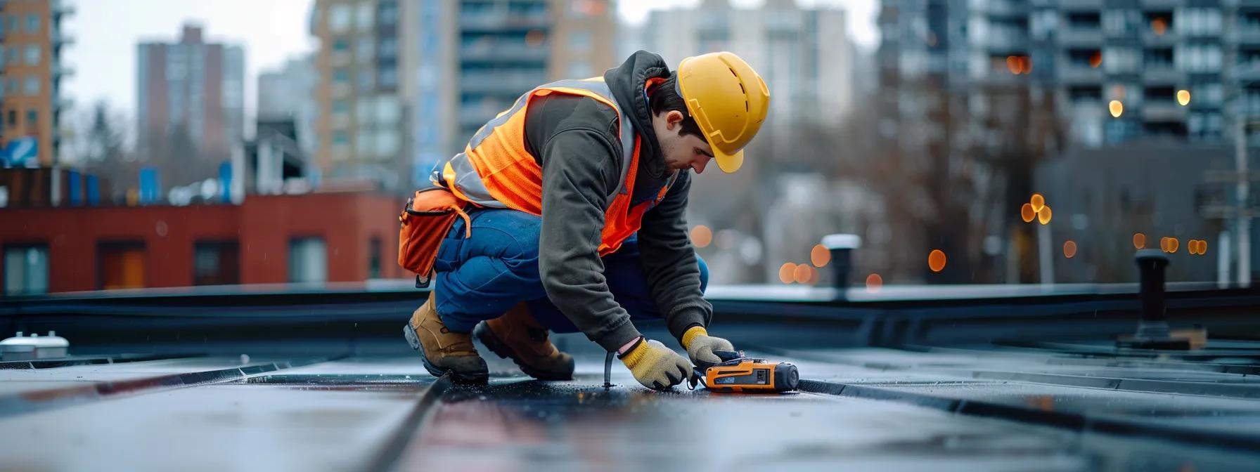 a professional roofer meticulously inspecting a freshly installed roof with advanced tools in a modern urban setting, highlighting the importance of regular maintenance and inspections for longevity.