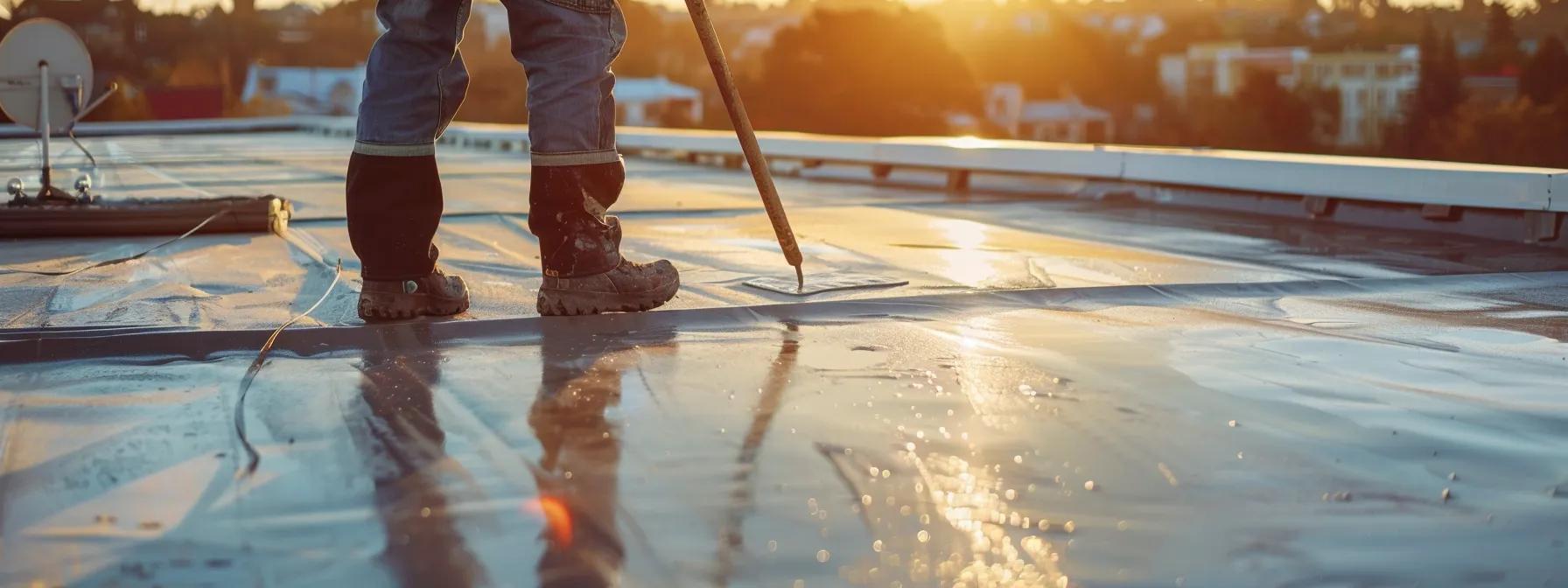 a skilled professional roof installer meticulously applies a vibrant eco-friendly coating to a commercial rooftop under bright artificial lighting, showcasing the precision and care vital for achieving optimal performance.