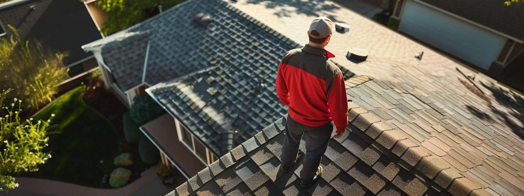 a skilled roofing professional meticulously examining a residential roof at an urban home, surrounded by tools and equipment for roof rejuvenation, showcasing the step-by-step process from assessment to the application of a protective coating.
