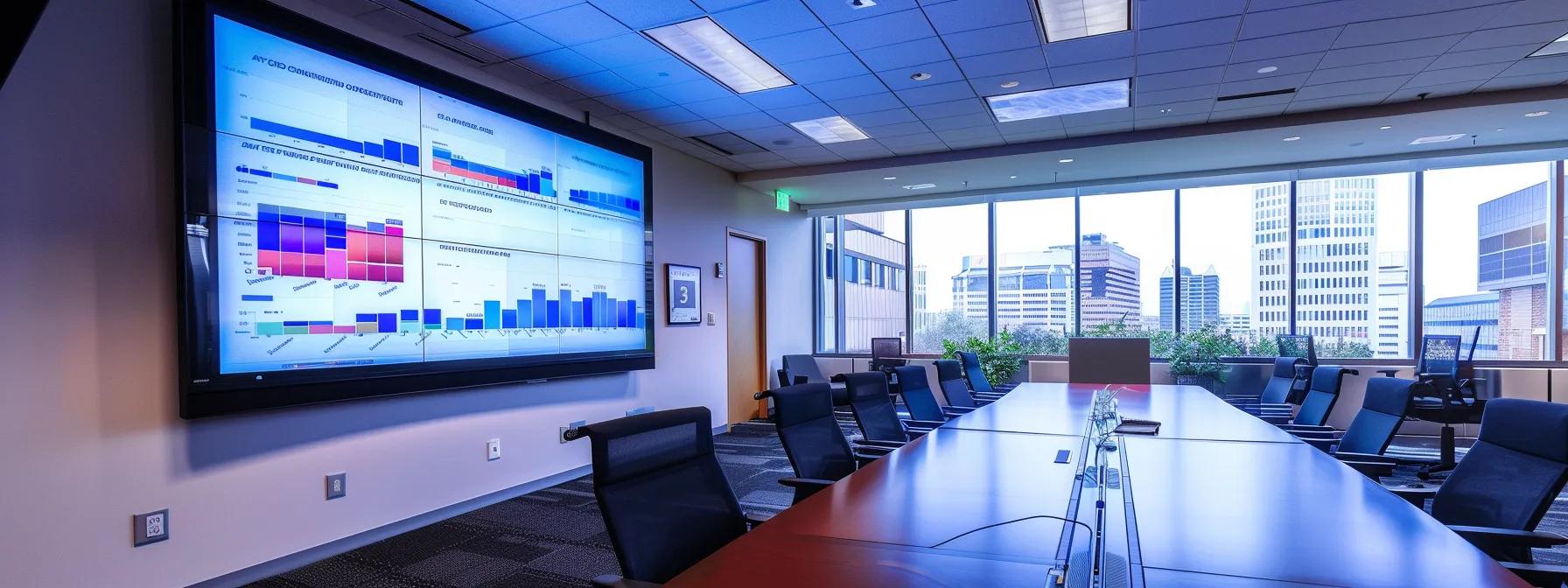 a sleek, modern office conference room features a large digital display showcasing a clear, informative comparison chart on roof rejuvenation versus roof replacement, illuminated by bright, focused lighting that highlights the colorful data and enhances the professional atmosphere.