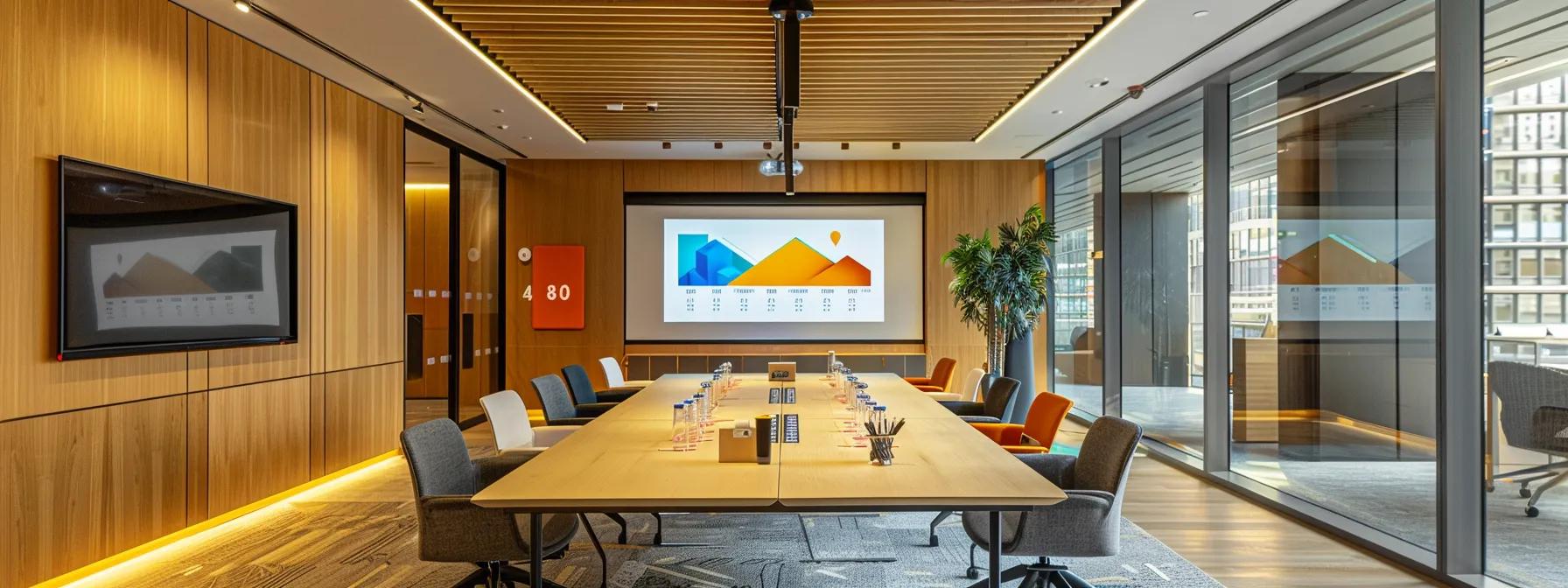 a sleek, modern office environment showcases a meeting room with a large presentation screen displaying a vibrant infographic on sustainable roof rejuvenation, emphasizing its longevity and eco-friendly materials amidst a backdrop of polished wood and contemporary furnishings.