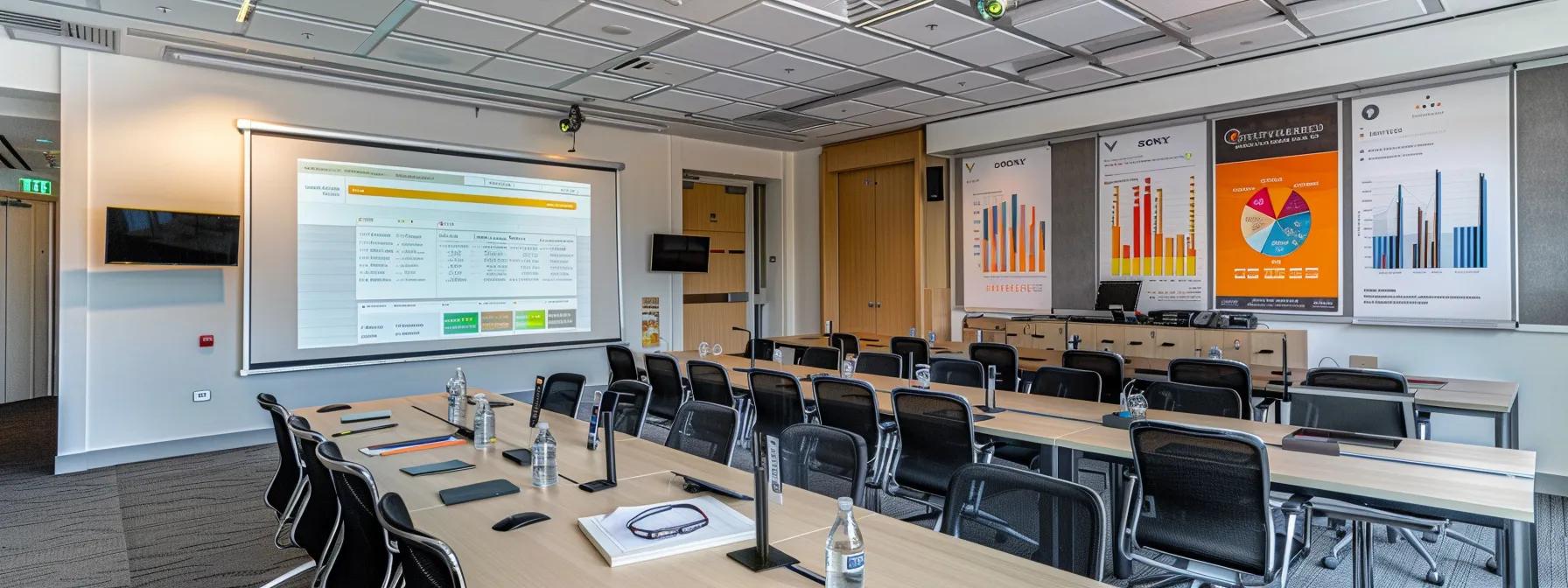 a sleek, modern office setting showcases an engaging presentation on roofing materials, featuring a large screen displaying a comparative analysis of affordable versus premium options, with a focus on durability and aesthetic appeal highlighted in vibrant charts and graphs.