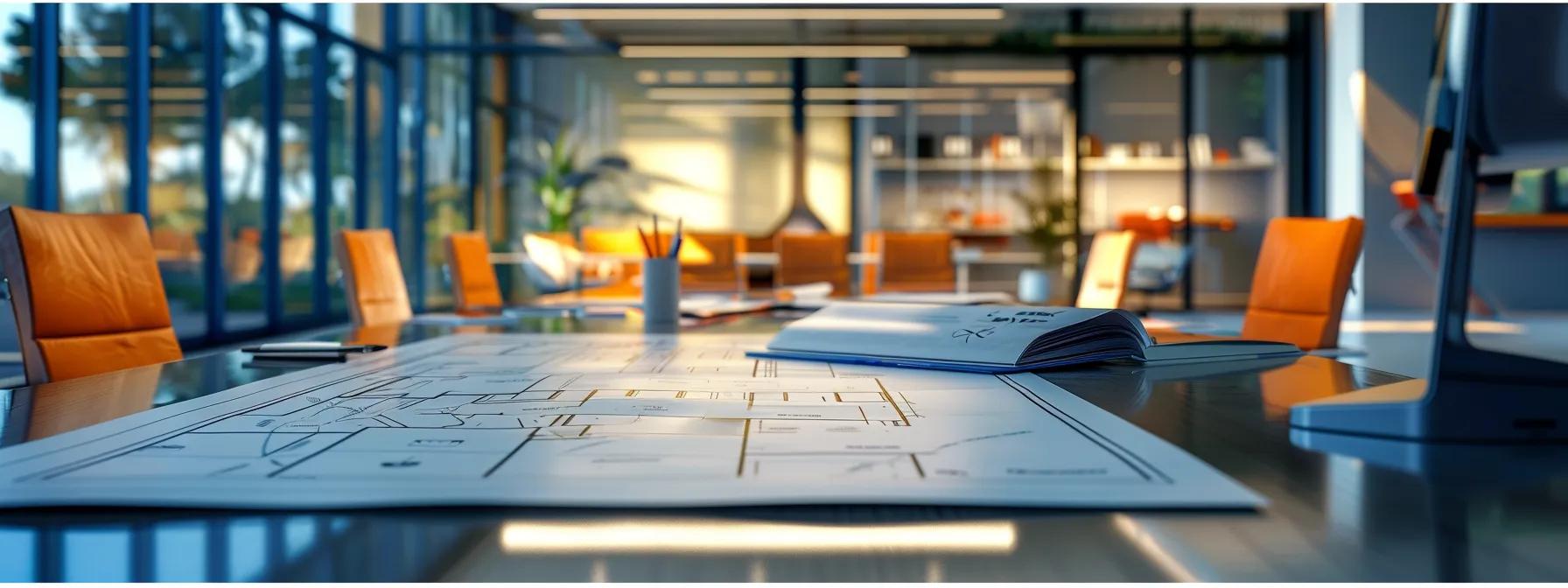 a sleek, modern roofing company office displays a vibrant array of high-quality sealants and protective coatings on a polished conference table, with technical blueprints and digital renderings of rejuvenated roofs prominently featured in the background.