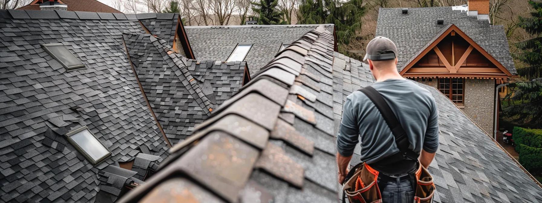 a split-view office setting showcases a skilled contractor meticulously installing premium slate roofing on one side, while the other features a worker easily laying down affordable asphalt shingles, highlighting the contrasting complexities and costs of roofing installation and repair.
