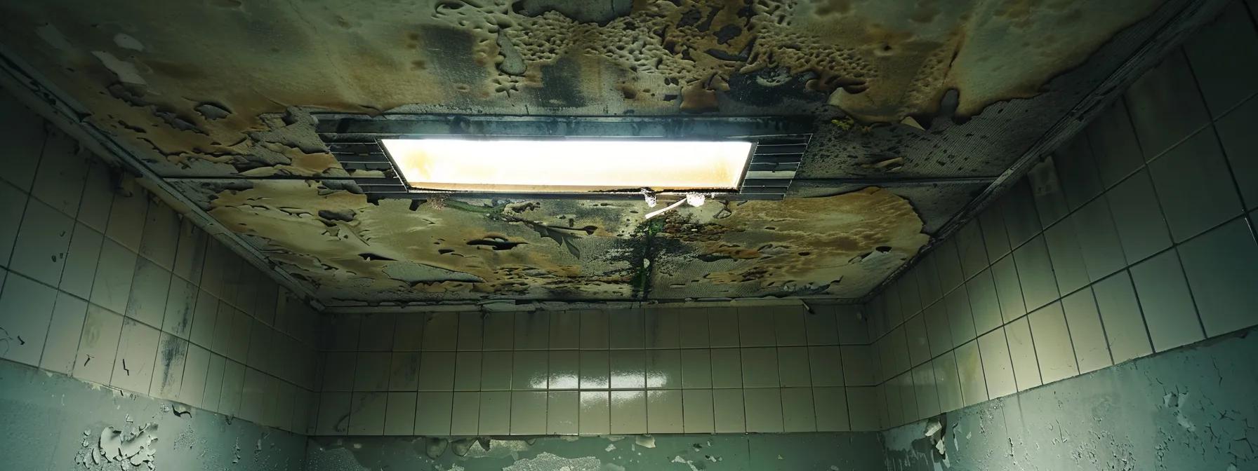 a stark, indoor view of a water-stained ceiling and walls, showcasing dark, expanding patches and peeling paint, illuminated by harsh fluorescent lighting in a dimly lit office, emphasizing the urgent need for roof repair.