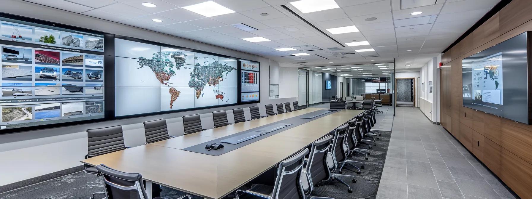 an architecturally modern office space features a large conference table surrounded by samples of diverse roofing materials, with a large wall-mounted screen displaying a detailed map highlighting regional climate data influencing roof replacement choices.