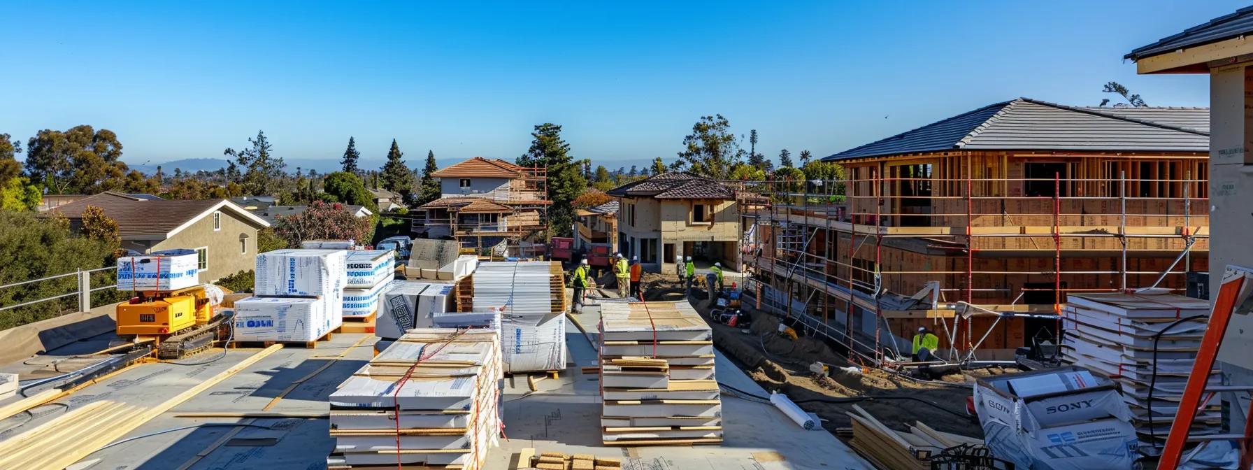 a bustling construction site shows a skilled roofing crew meticulously working on a modern home, with stacks of various roofing materials and tools arranged under clear blue skies, highlighting the complexity and urgency of a roof replacement project.