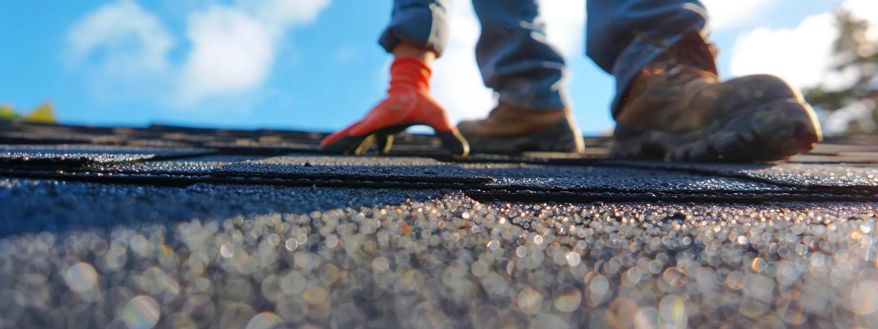 a close-up shot of a technician applying a rejuvenating treatment to asphalt shingles on a sloped roof, showcasing the vibrant, glossy texture of restored shingles against a clear blue sky, signaling the transformative effects of roof rejuvenation.