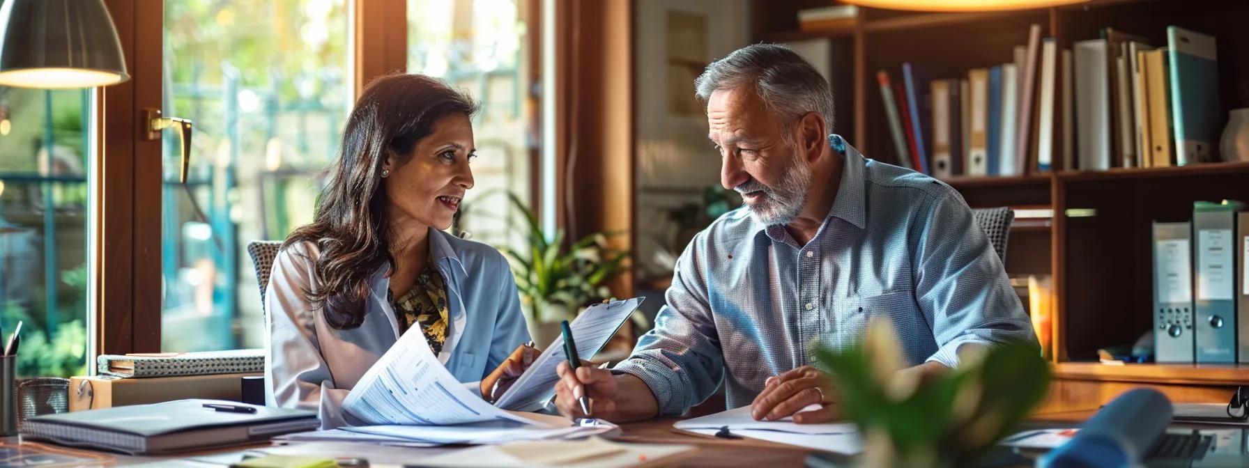 a confident homeowner discussing roof inspection options with a knowledgeable inspector inside a well-lit, professional office, surrounded by detailed reports and inspection tools.