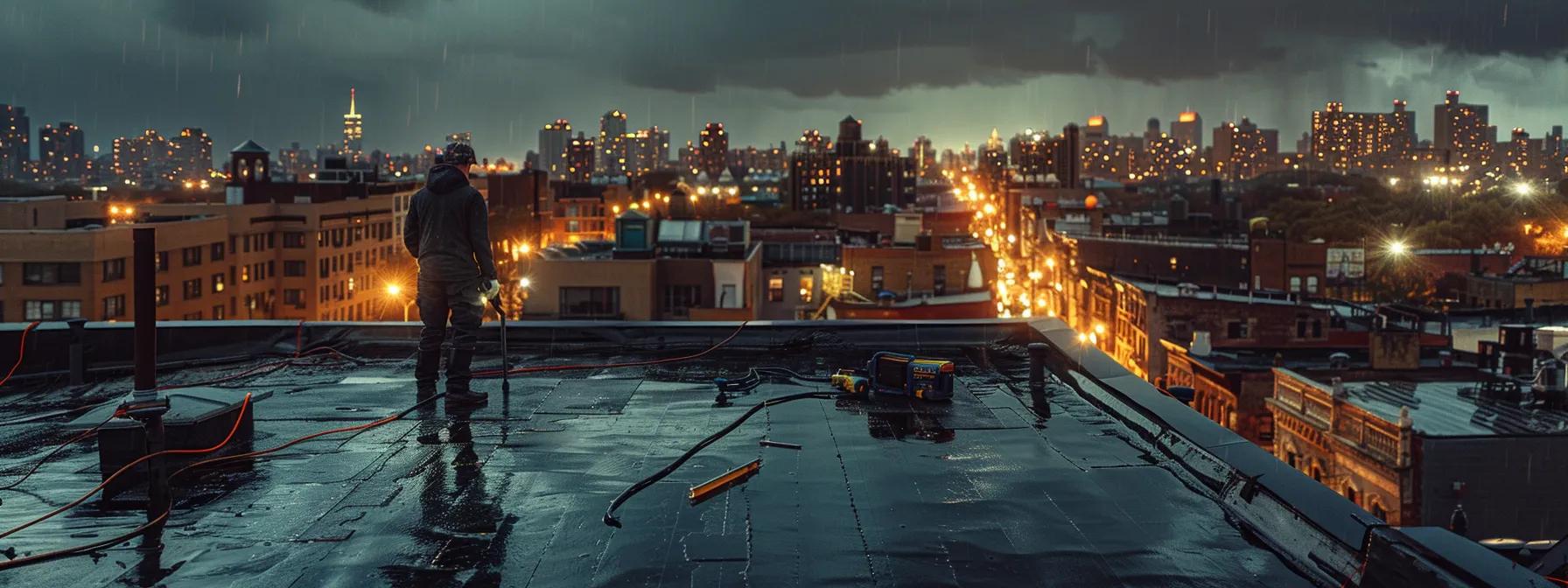 a dramatic urban rooftop scene at night, showcasing a dedicated emergency roofing repair team swiftly addressing a leaky roof under the glow of flashing work lights amid a stormy backdrop, emphasizing the urgency and commitment of 24/7 service.