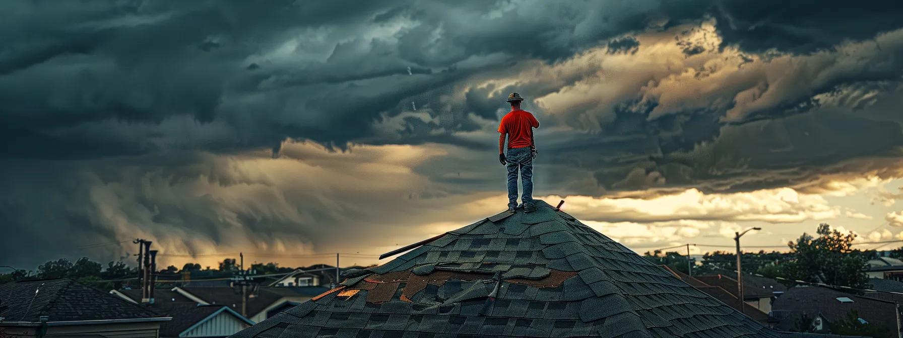 a dynamic emergency roofing scene captures a skilled contractor assessing storm-damaged shingles and flashing atop a commercial building, surrounded by high winds and darkening skies in an urban setting.