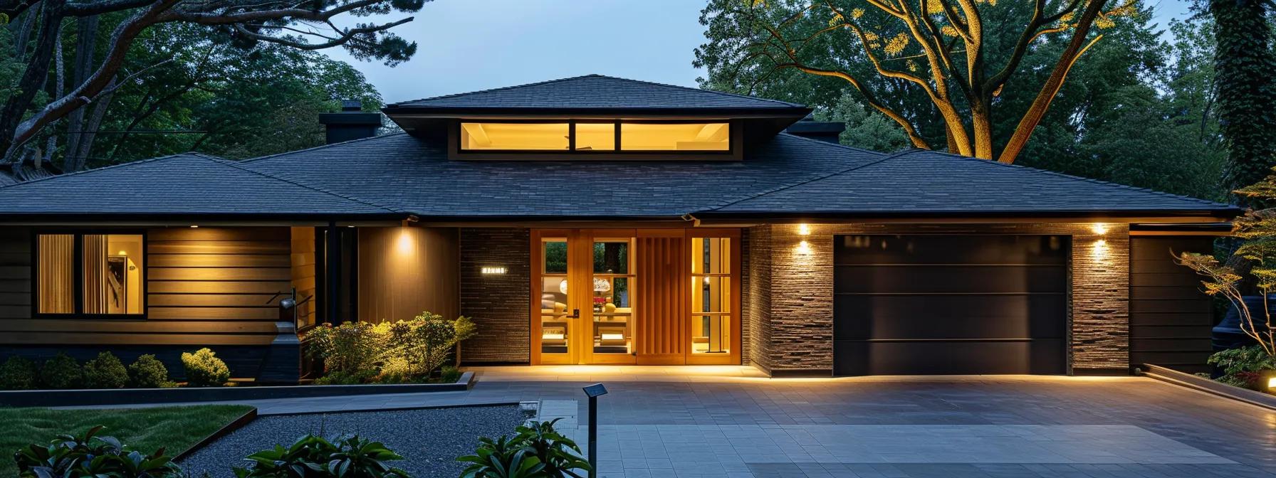 a freshly rejuvenated asphalt shingle roof gleams under bright city lights, showcasing its rich, uniform color and smooth texture while standing out against a modern home’s sleek architecture to highlight enhanced curb appeal and property value.