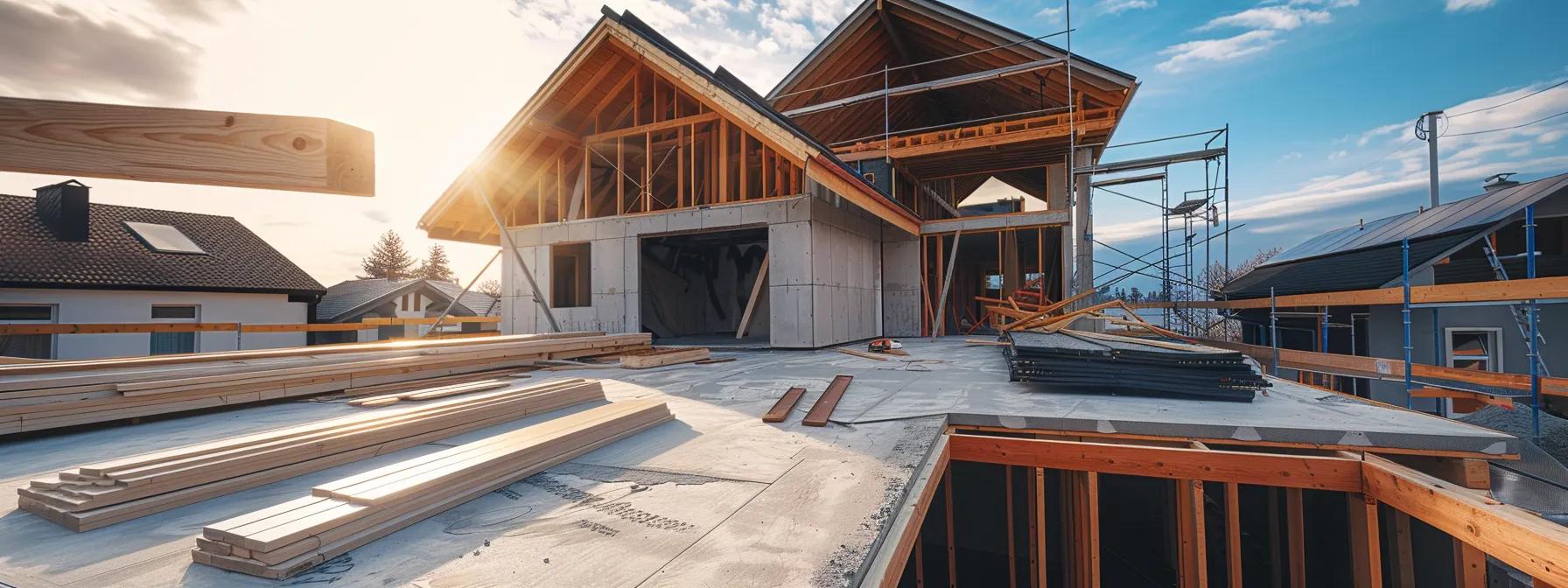 a modern home under construction, showcasing a partially completed roof with various roofing materials neatly arranged beside it, highlighting the factors influencing installation costs in a well-lit urban environment.