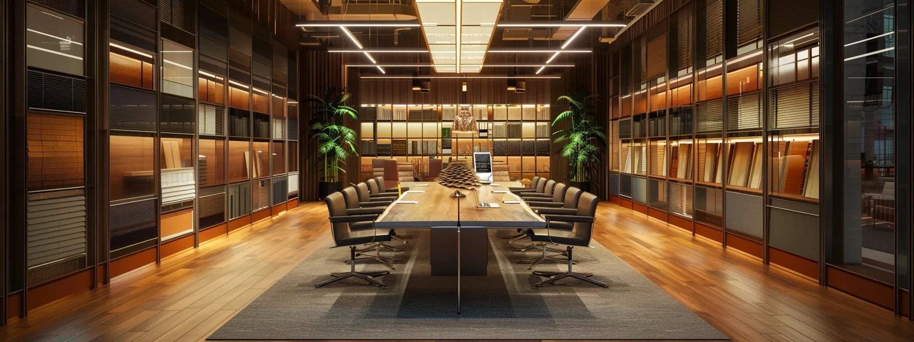 a modern urban office environment features a sleek conference table surrounded by samples of various roofing materials, each labeled and displayed to highlight their suitability for different local weather conditions, illuminated by bright overhead lighting.