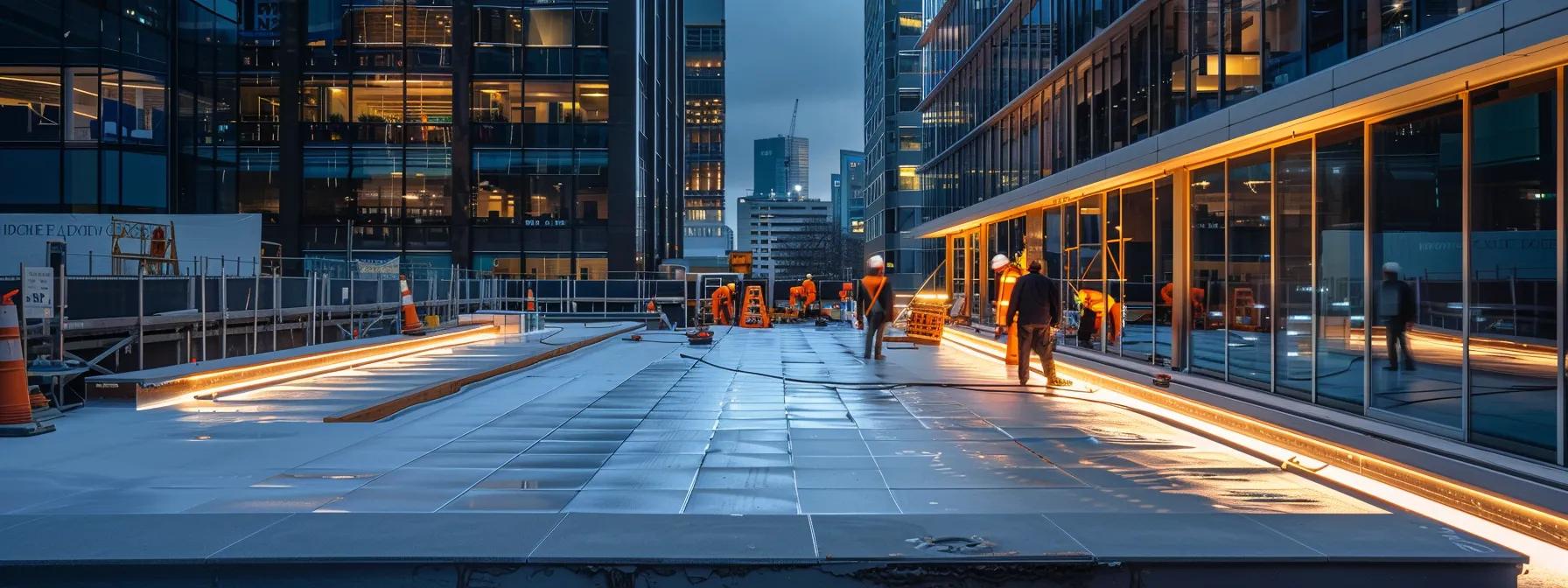 a modern urban rooftop being expertly rejuvenated with eco-friendly materials and equipment, showcasing a pristine surface glistening under artificial lighting while workers meticulously apply an energy-efficient coating, embodying the essence of sustainable building practices.