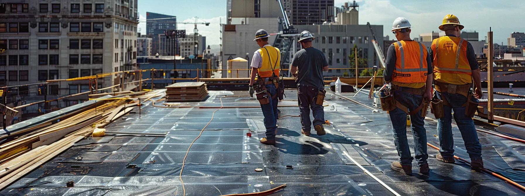 a polished urban rooftop installation site with gleaming new shingles, showcasing clean, debris-free surroundings and a professional crew discussing warranty details on the side, symbolizing trust and investment in quality roof replacement.