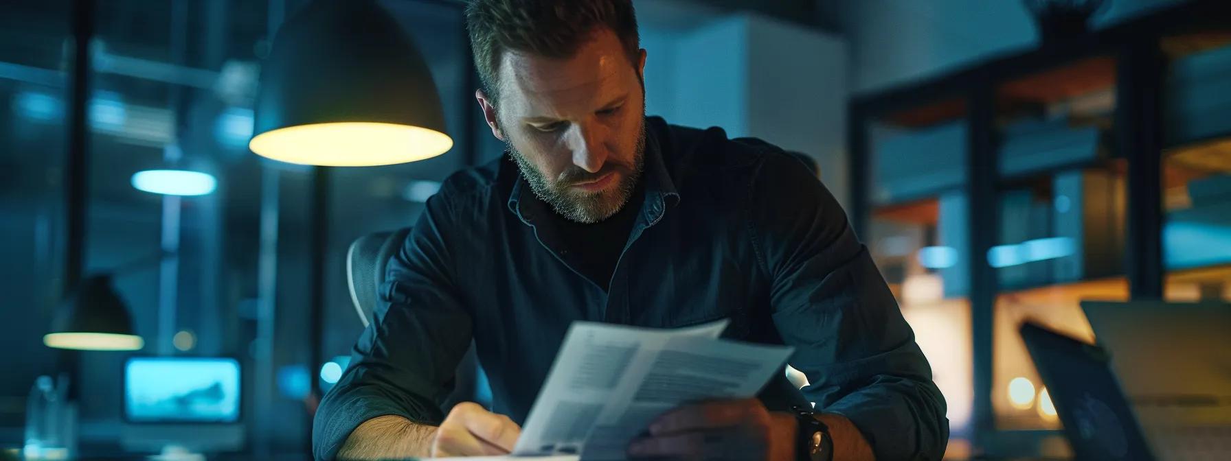 a professional contractor examines a damaged roof under harsh indoor lighting in a modern office setting, highlighting a detailed visual of roofing materials and cost breakdowns on a digital screen, emphasizing emergency repair evaluations and financing options.