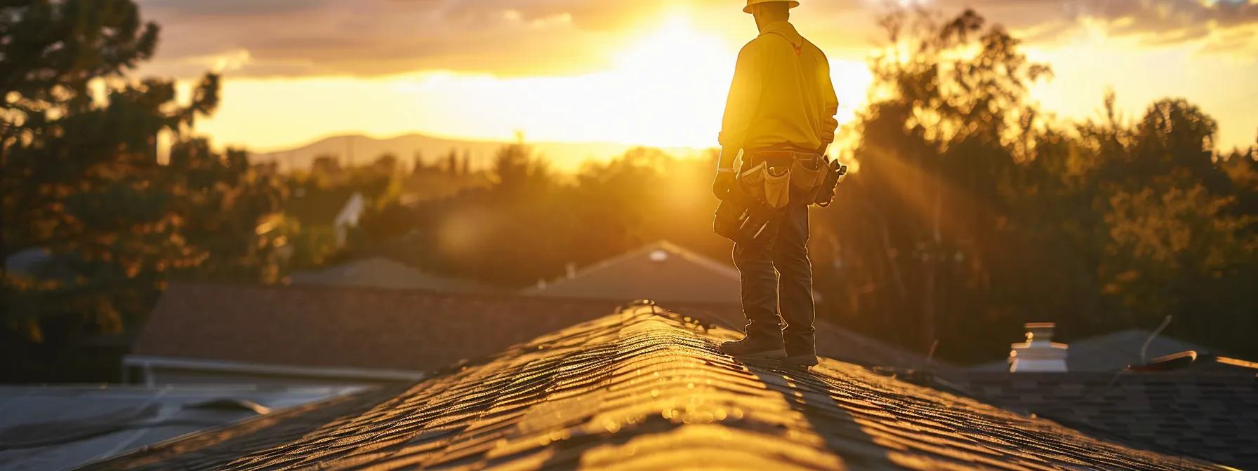 a professional contractor stands on a well-maintained rooftop, meticulously examining sections of shingles and flashing under the bright, focused light of a portable work lamp, illustrating the critical decision between roof repair and replacement.
